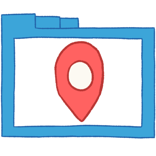 A hollow blue folder with thin lineart containing a pink place marker with a white dot on it